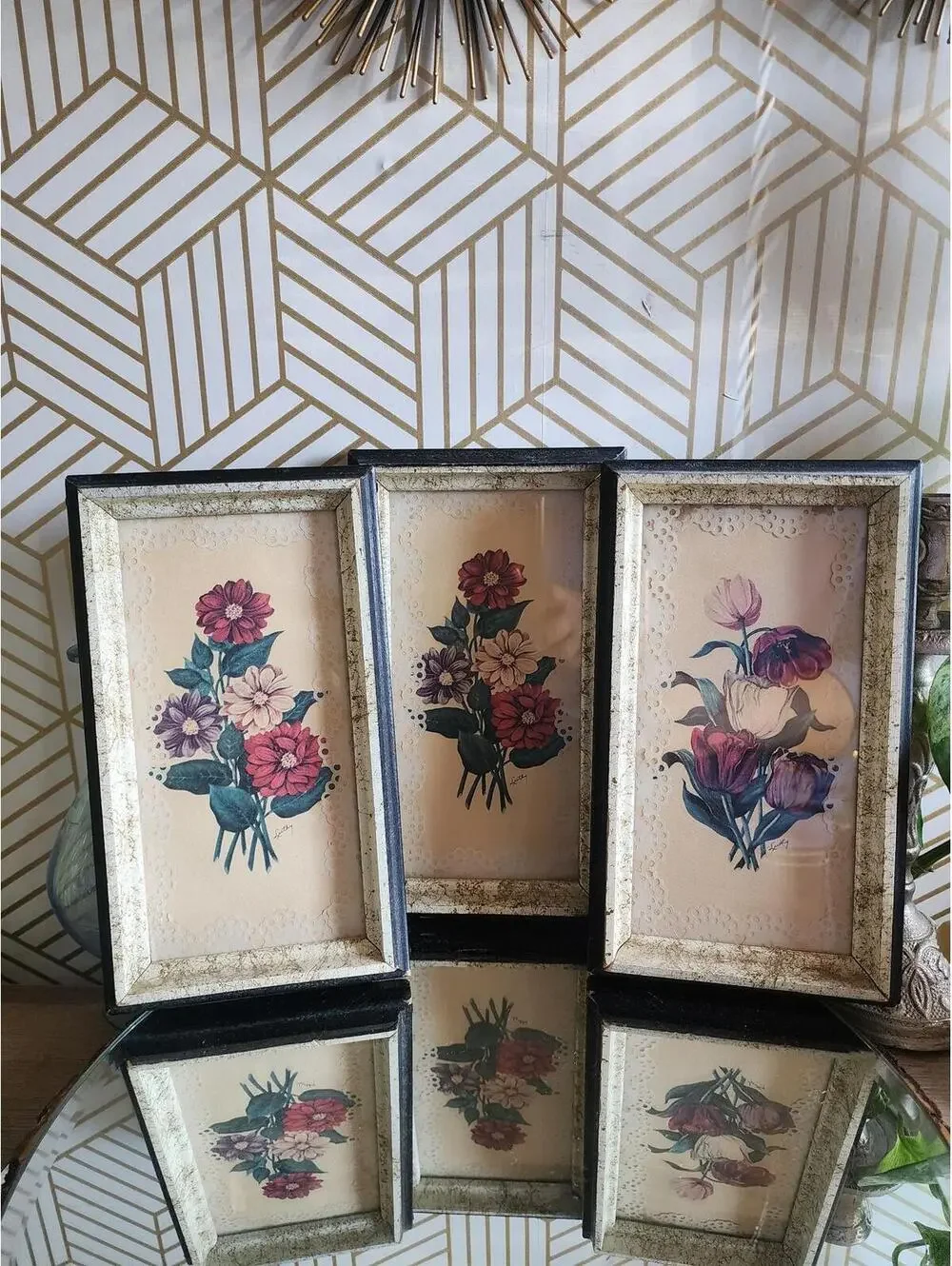 Vintage Framed Lace Matte Luthy Floral Prints 5x9 Set of 3